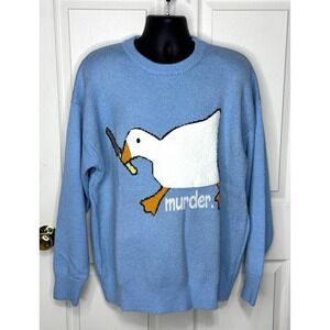Aelfric Eden Unisex XL Blue Knit Crewneck Sweater Goose Duck Murder Graphic